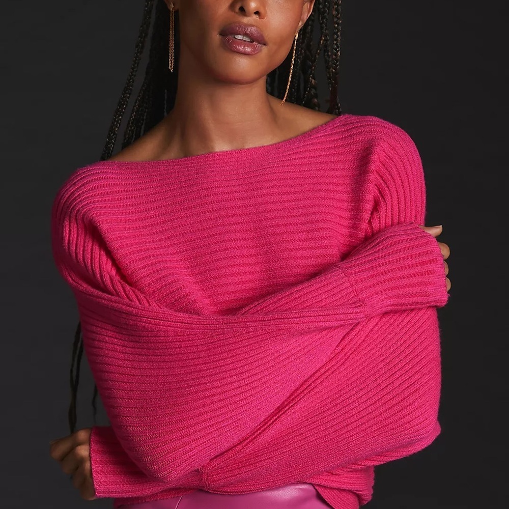 By Anthropologie Ribbed Pullover Pink Wide Neck Sweater Small